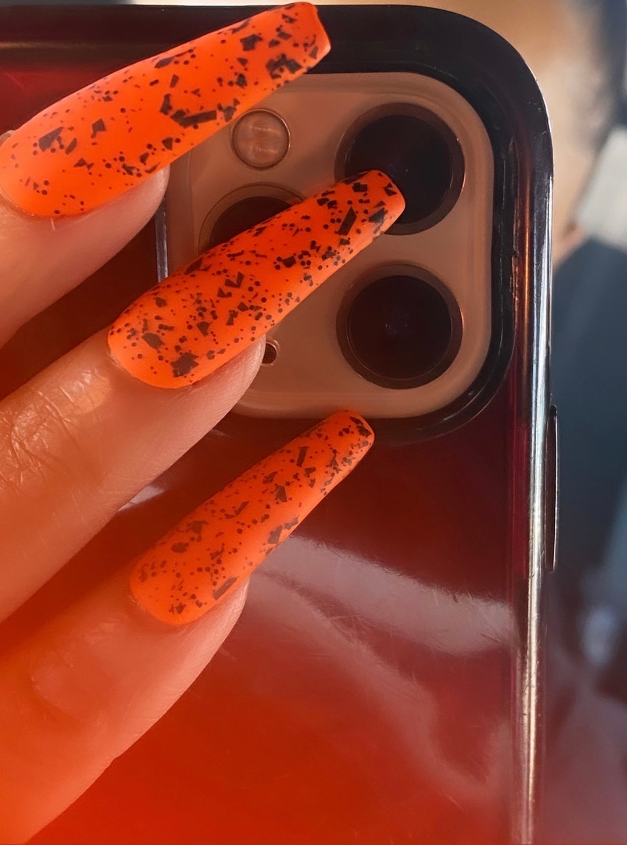 Fall for the Shade '23: Orange Been the New Black | Bright Orange & Black Speckles | Matte - Premium Press-On Nails from ShadedbyShanell - Just $25! Shop now at ShadedbyShanell