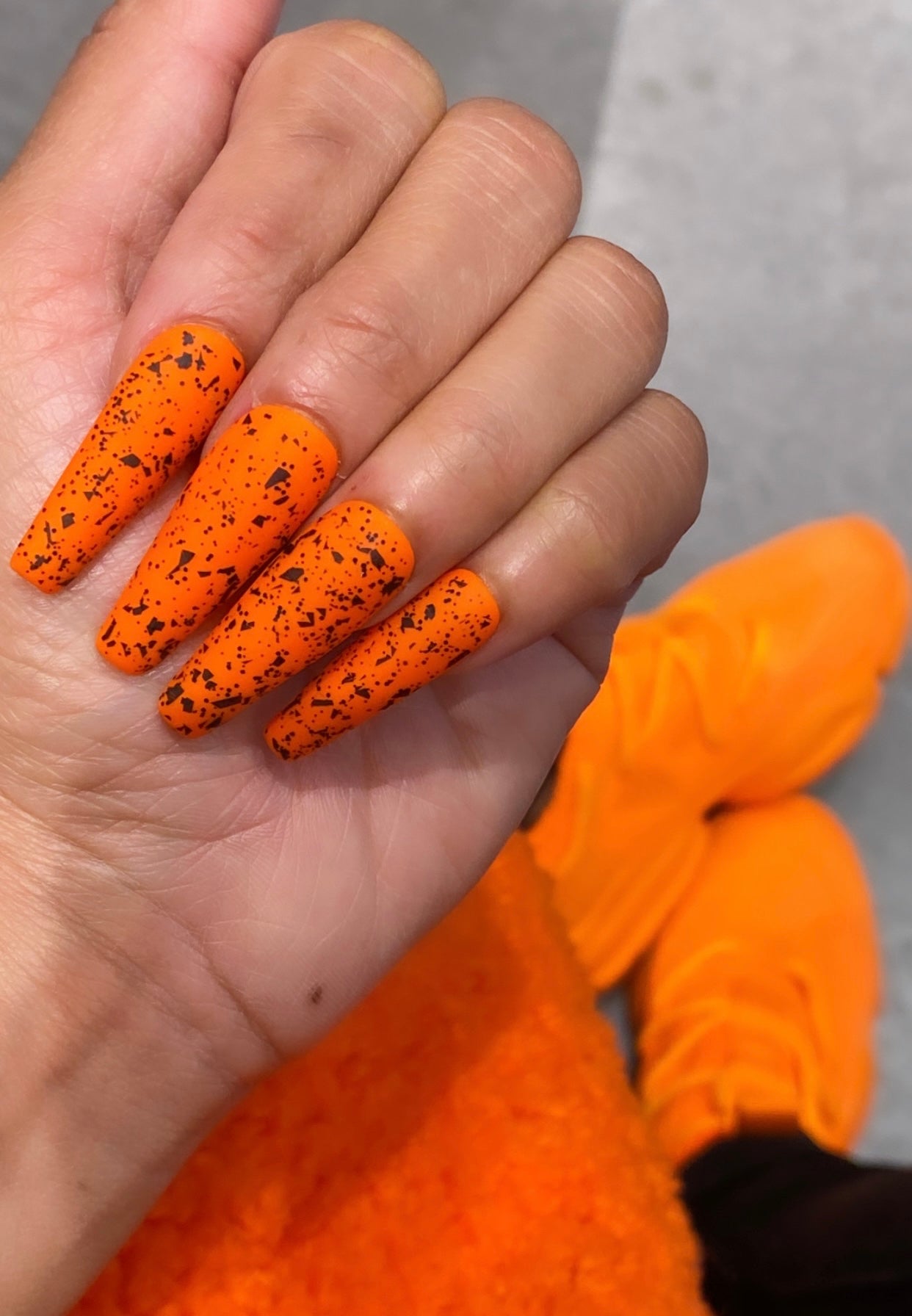 Fall for the Shade '23: Orange Been the New Black | Bright Orange & Black Speckles | Matte - Premium Press-On Nails from ShadedbyShanell - Just $25! Shop now at ShadedbyShanell